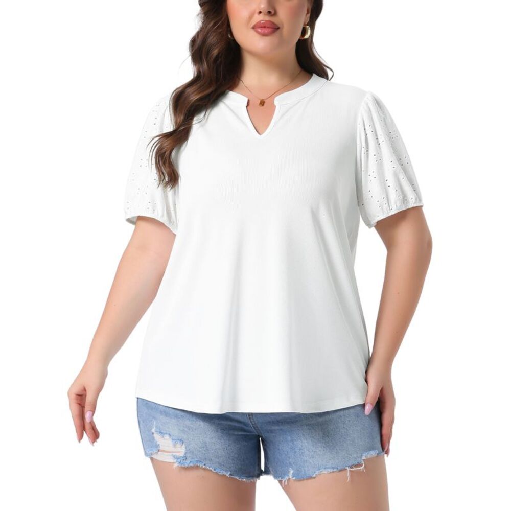 Women Plus Size V Neck Puff Short Sleeve Dressy Casual Blouse White